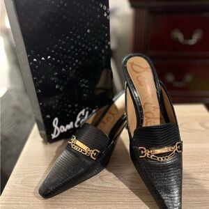 Sam Edelman Black Mules with Gold Chain 7.5